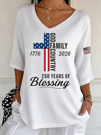 Women's God Family Country Flag Cross V Neck 3/4 Sleeve Casual Tee