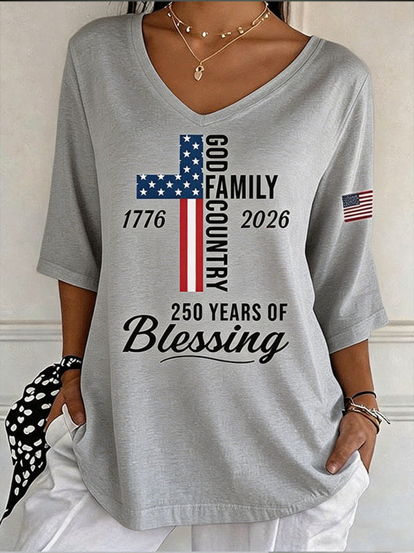 Women's God Family Country Flag Cross V Neck 3/4 Sleeve Casual Tee