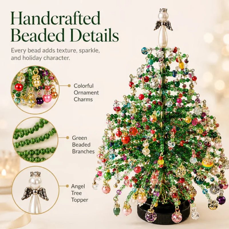Handcrafted beaded details close up of ornament charms bead branches and angel topper