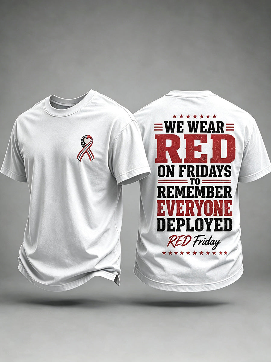 Men's R.E.D. Friday remembrance t-shirt in white showing Remember Everyone Deployed message