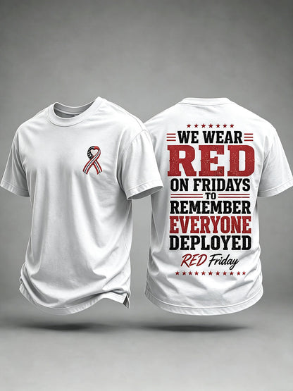 Men's R.E.D. Friday remembrance t-shirt in white showing Remember Everyone Deployed message