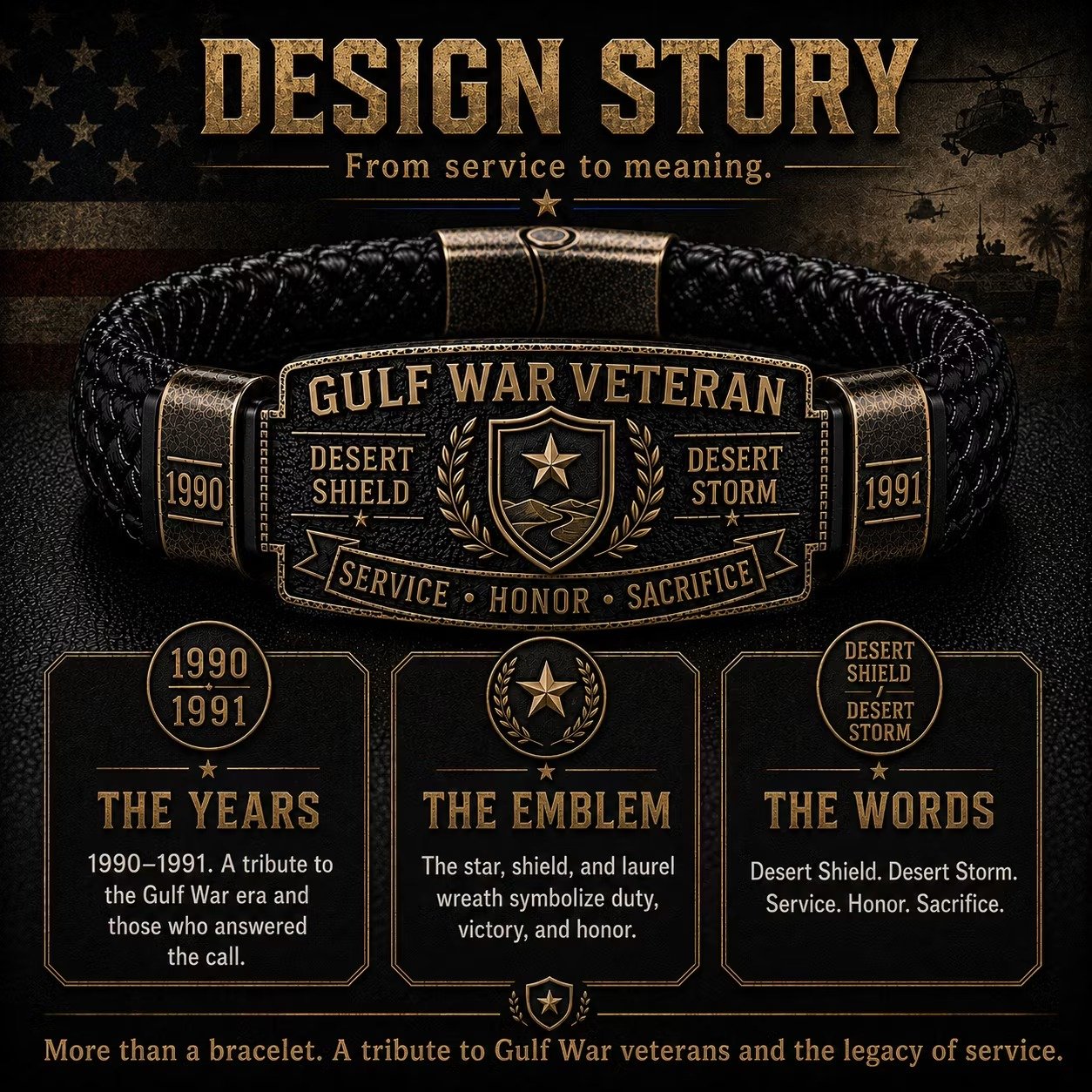 Gulf War Veteran bracelet design story: 1990–1991 years, star emblem, engraved words