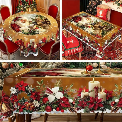 Amber vintage Christmas tablecloth shown in round and rectangle shapes to compare pattern layout