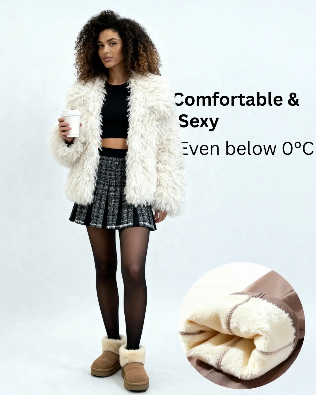 Fleece-lined thermal leggings styled with a winter skirt and jacket