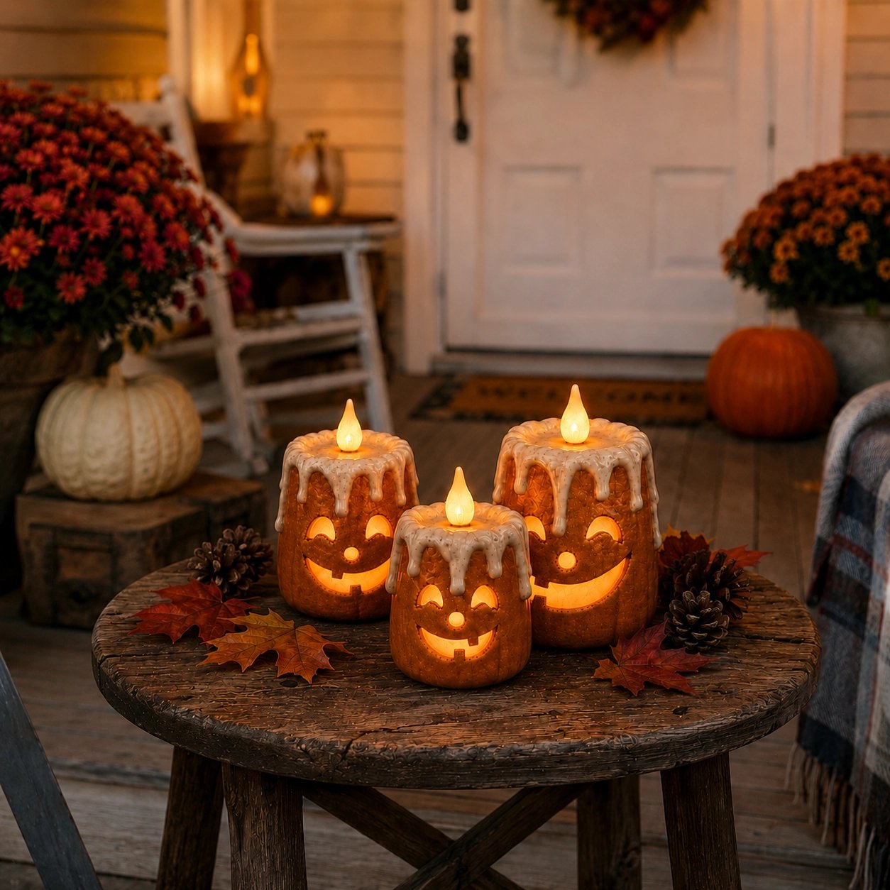 Flameless pumpkin candle trio glowing safely at night on wood surface