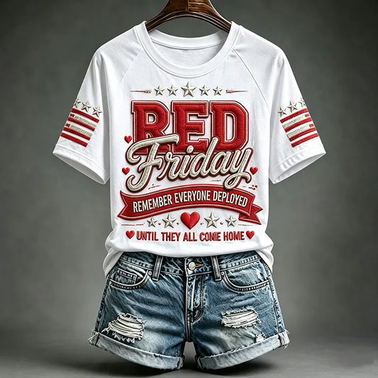 White R.E.D. Friday t-shirt with Remember Everyone Deployed patriotic front print