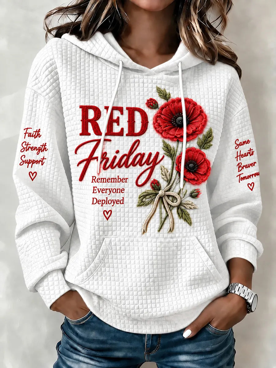 Women's white R.E.D. Friday poppy print waffle knit hoodie front view