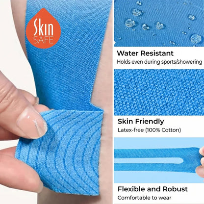Product features — waterproof, skin-safe, 140% elastic knee tape