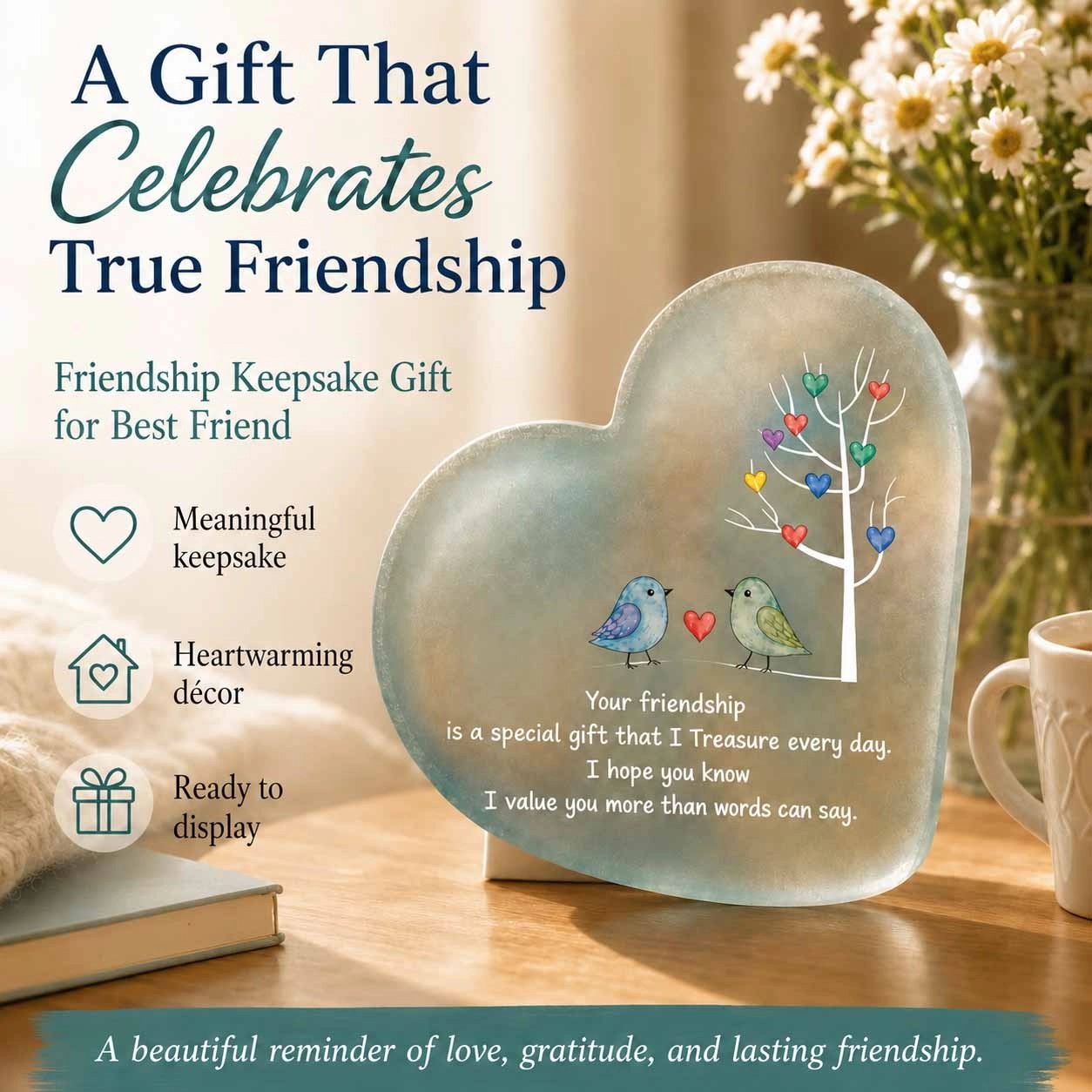 Handcrafted sea glass friendship heart with product features