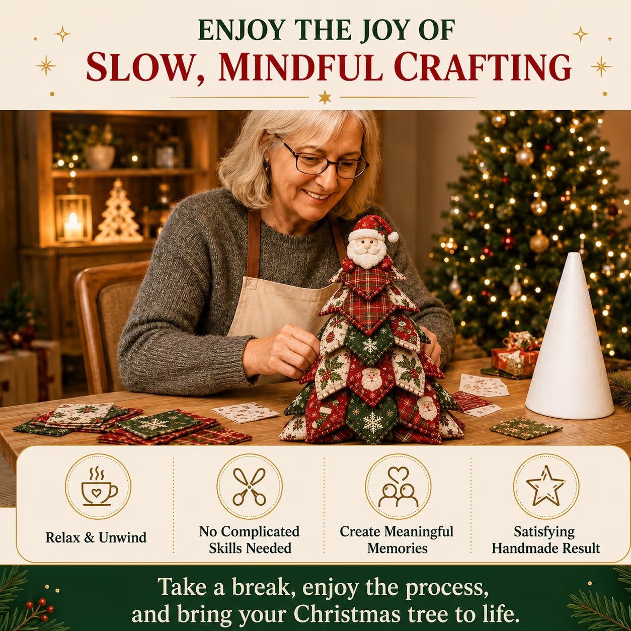 Woman hand-stitching DIY quilted Christmas tree kit slow mindful crafting