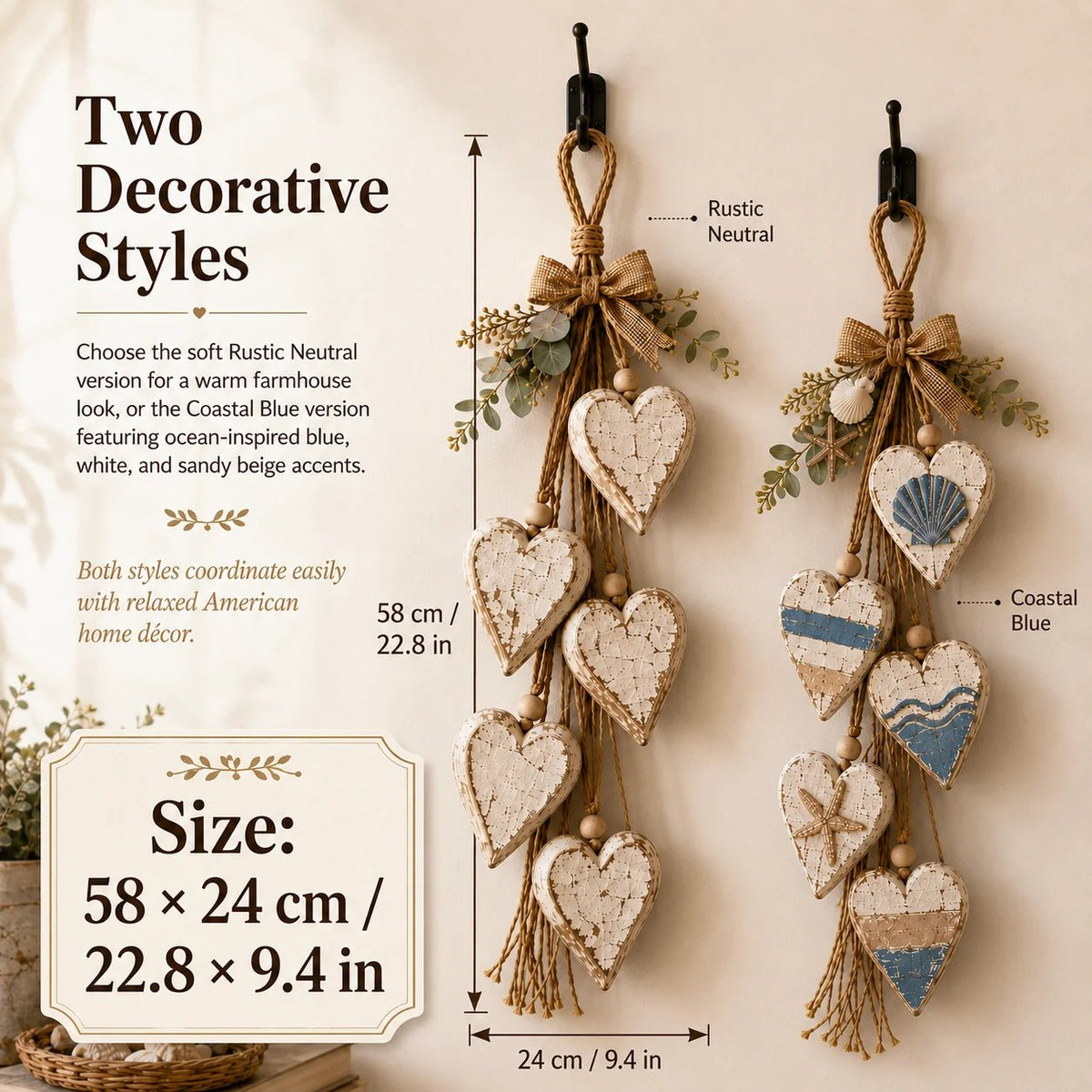 Rustic Neutral and Coastal Blue hanging heart styles side by side with 58 x 24 cm size chart