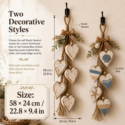 Rustic Neutral and Coastal Blue hanging heart styles side by side with 58 x 24 cm size chart
