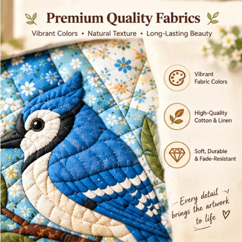 Premium quality fabric close-up on Blue Jay no-sew art panel