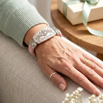 Faith Over Fear bracelet on hand showing comfortable braided PU leather band for everyday wear