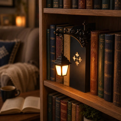 Warm amber glow from bookshelf lantern in cozy reading nook