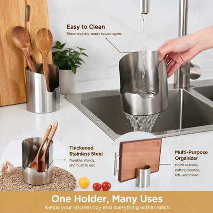 Stainless steel utensil organizer being rinsed with alternate storage uses shown
