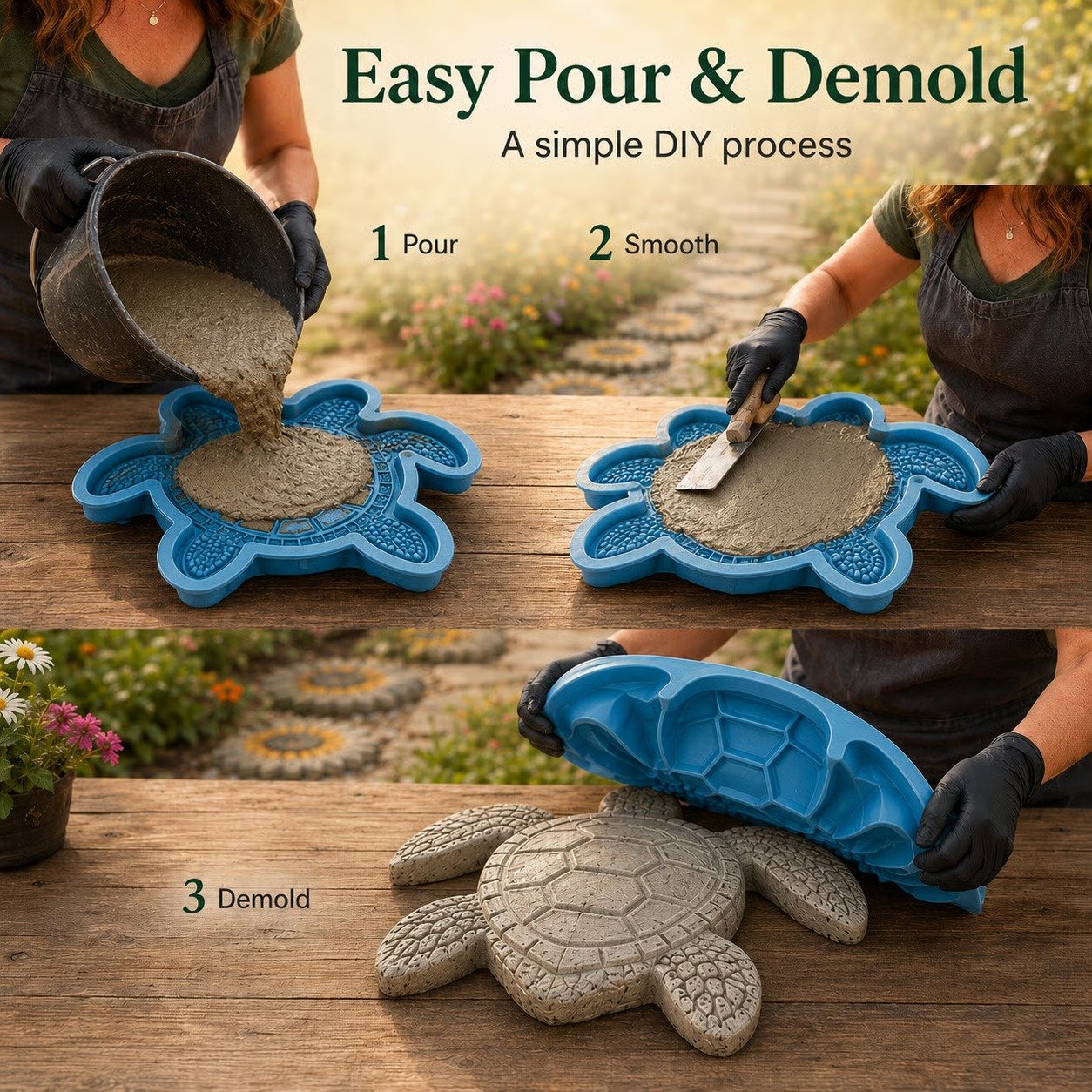 Pour cure and demold three-step process for stepping stone mold