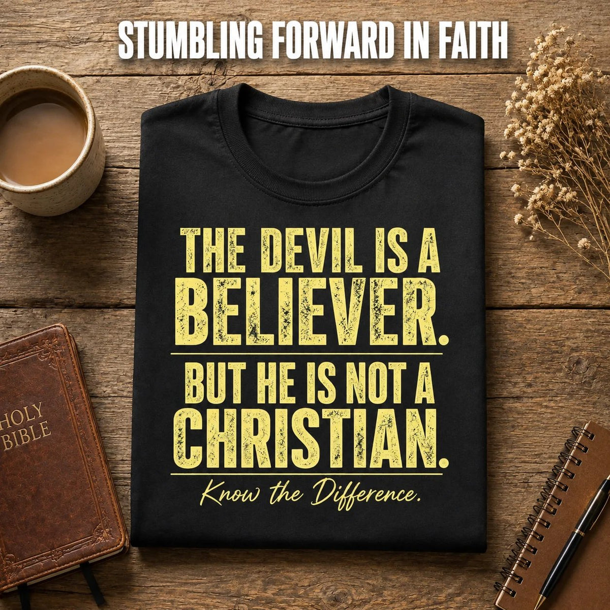Devil Believer Christian T-shirt folded beside a Bible