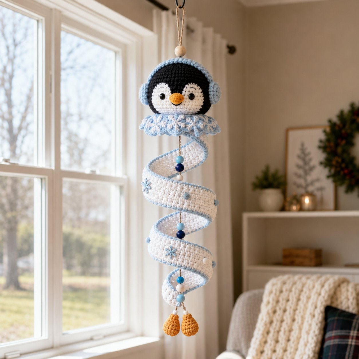Handmade spiral Christmas ornament hanging by window