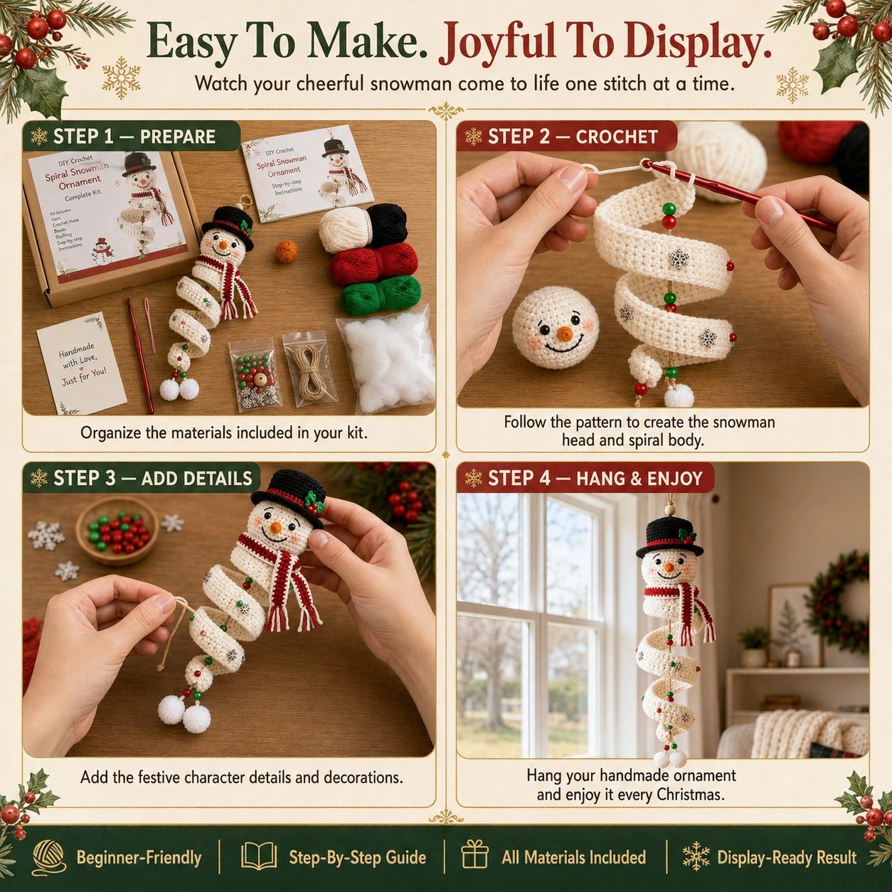 Easy four-step crochet Christmas ornament DIY process