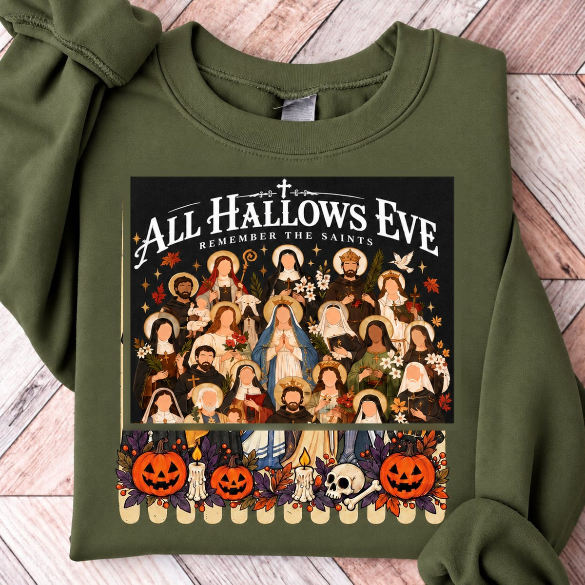 Remember the Saints Gothic All Hallows Eve Sweatshirt - Military Green