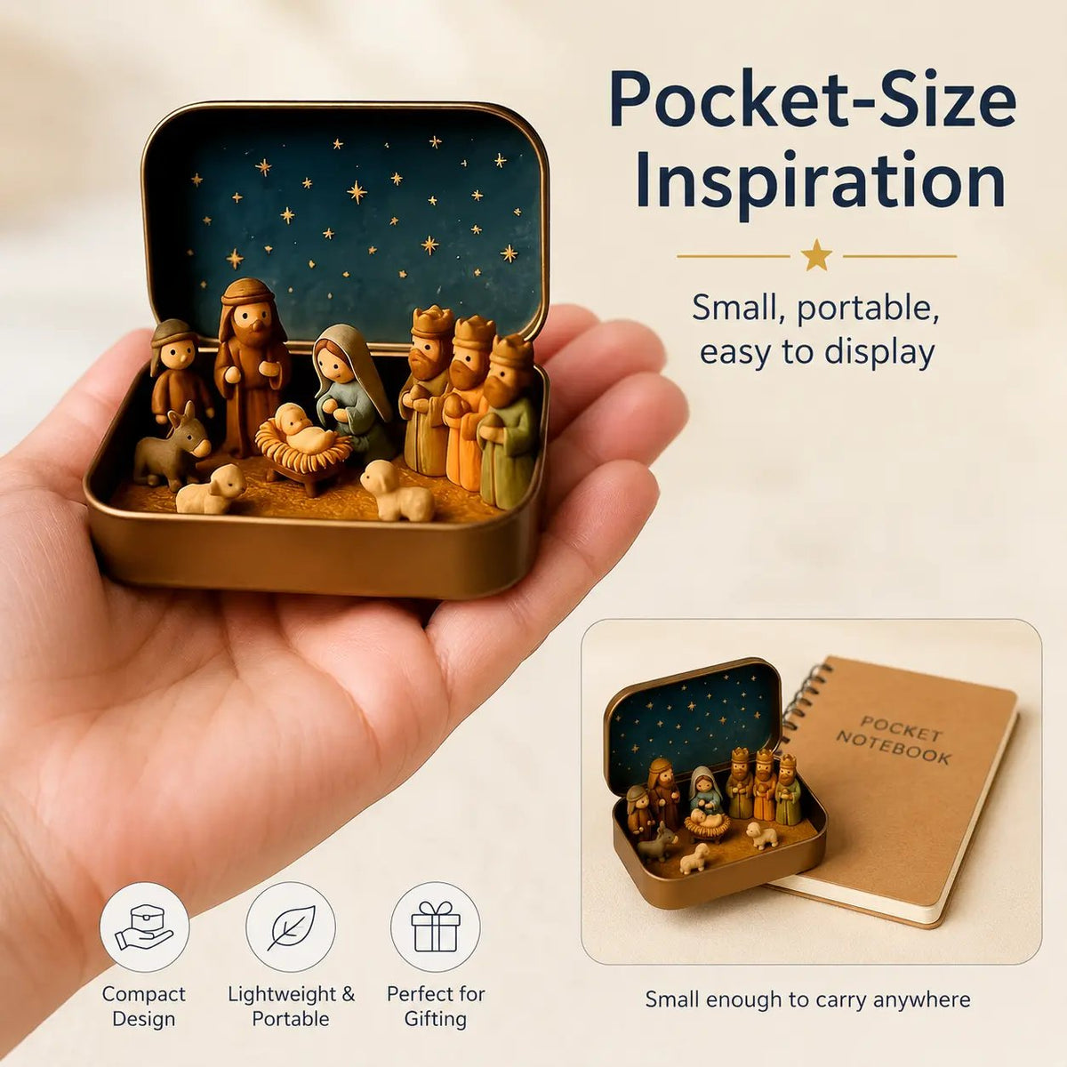 Palm-held mini nativity scene showing its portable keepsake tin