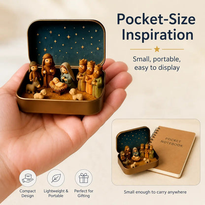 Palm-held mini nativity scene showing its portable keepsake tin