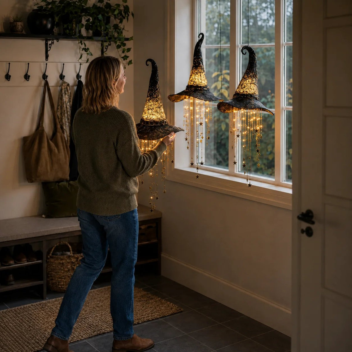 Woman hanging lighted witch hat chime by entryway window for Halloween decor