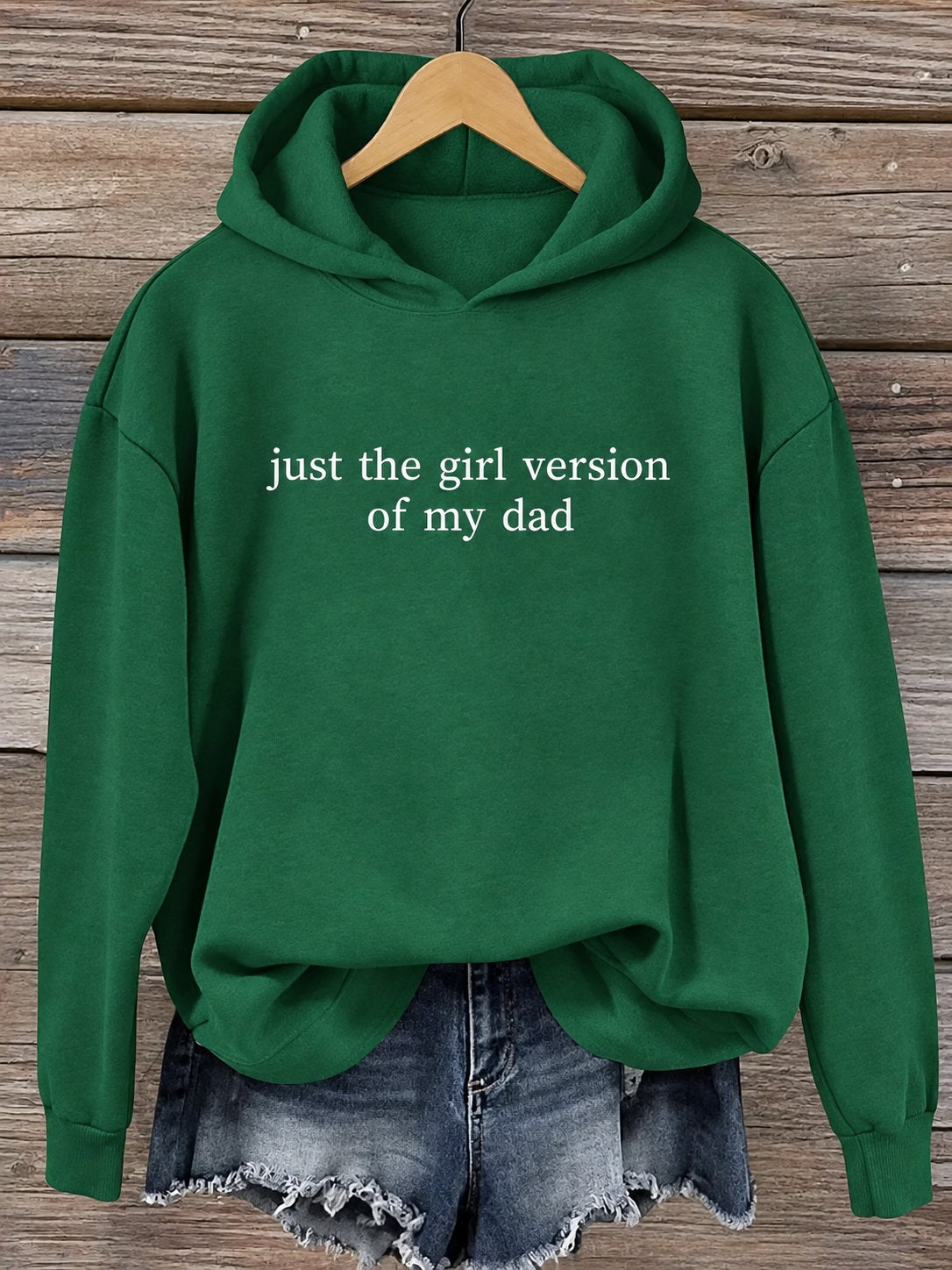 Green dad-daughter slogan graphic hoodie with chest lettering