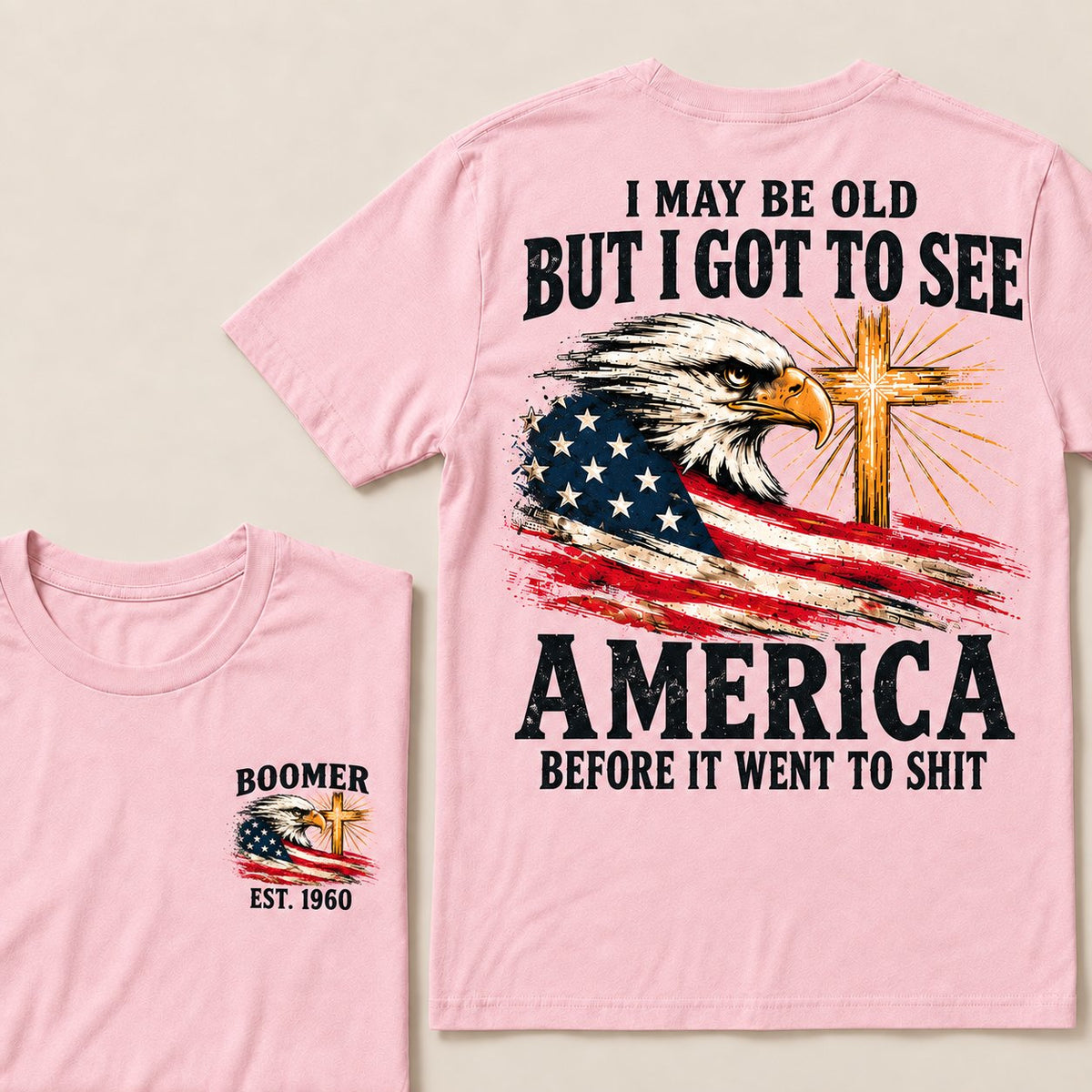 Pink Boomer graphic T-shirt with vintage eagle, USA flag and cross, front and back
