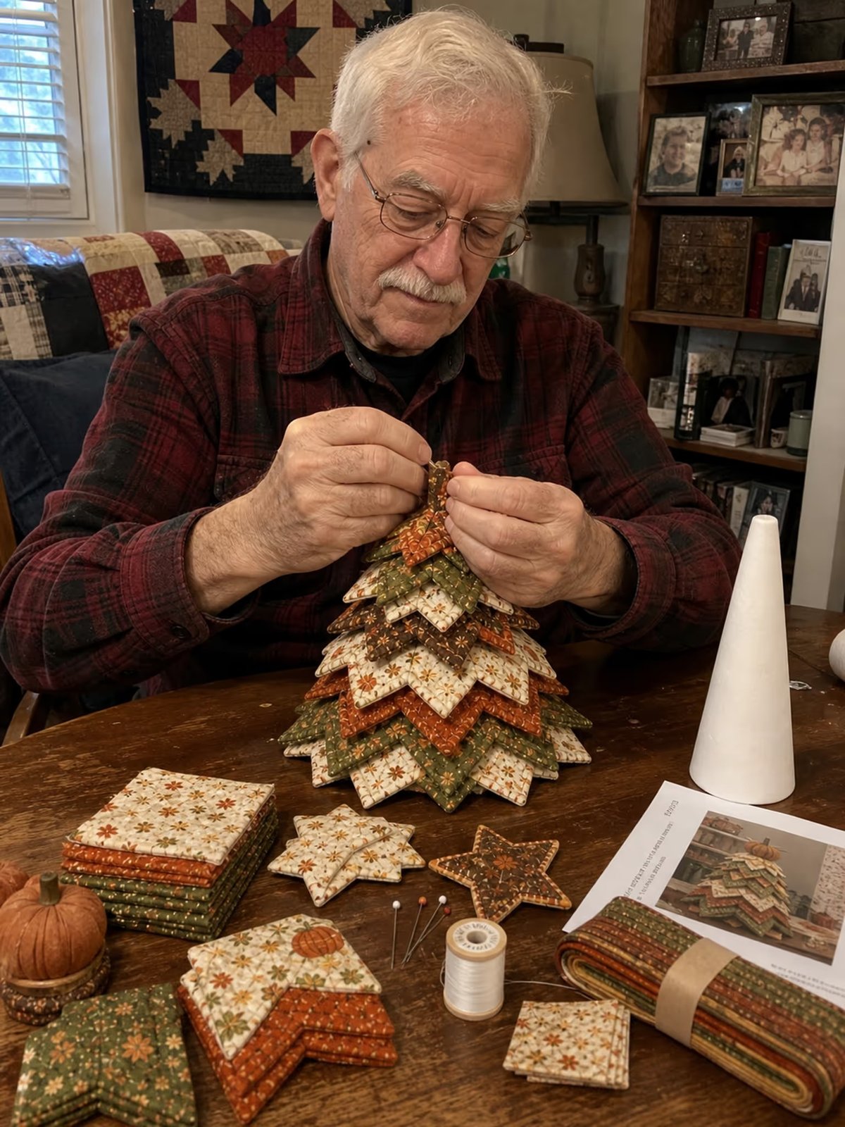 Woman hand-stitching Autumn Harvest quilt tree with fabric layers