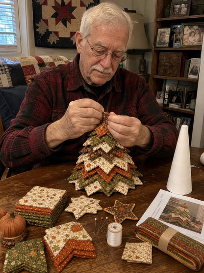 Woman hand-stitching Autumn Harvest quilt tree with fabric layers
