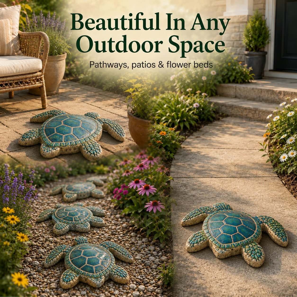 Painted sea turtle stones decorating outdoor garden space