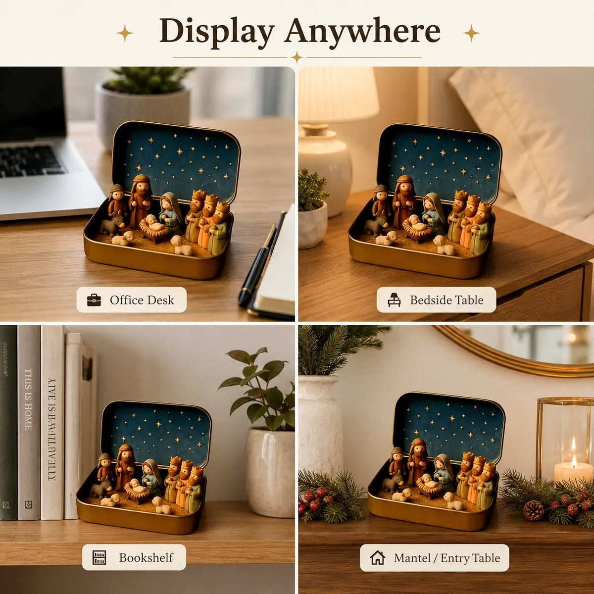 Mini nativity keepsake tin displayed on desks, shelves, and tables
