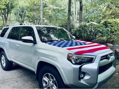 American flag hood cover on SUV outdoor real photo