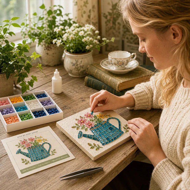Woman crafting Watering Can sea glass mosaic wall art at home