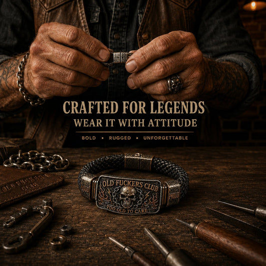 Old Fuckers Club Bracelet - Too Old To Care Skull Leather Cuff