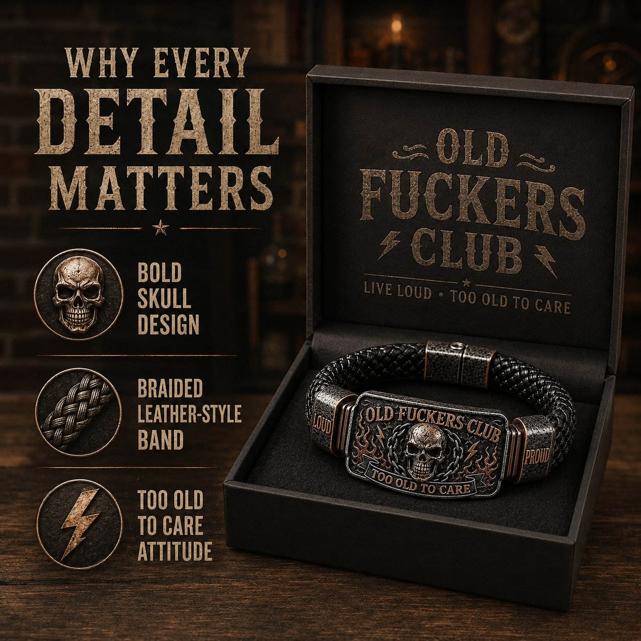 Old Fuckers Club Bracelet - Too Old To Care Skull Leather Cuff