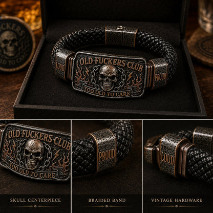 Old Fuckers Club Bracelet - Too Old To Care Skull Leather Cuff