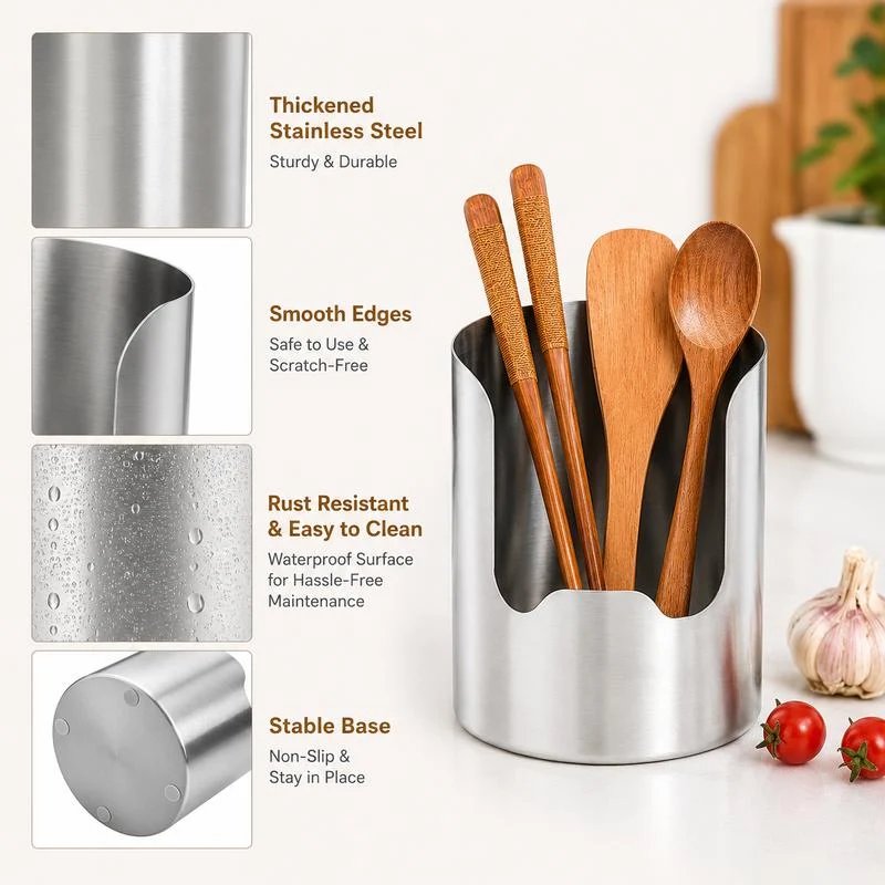Stainless steel utensil holder details showing smooth edges and stable base