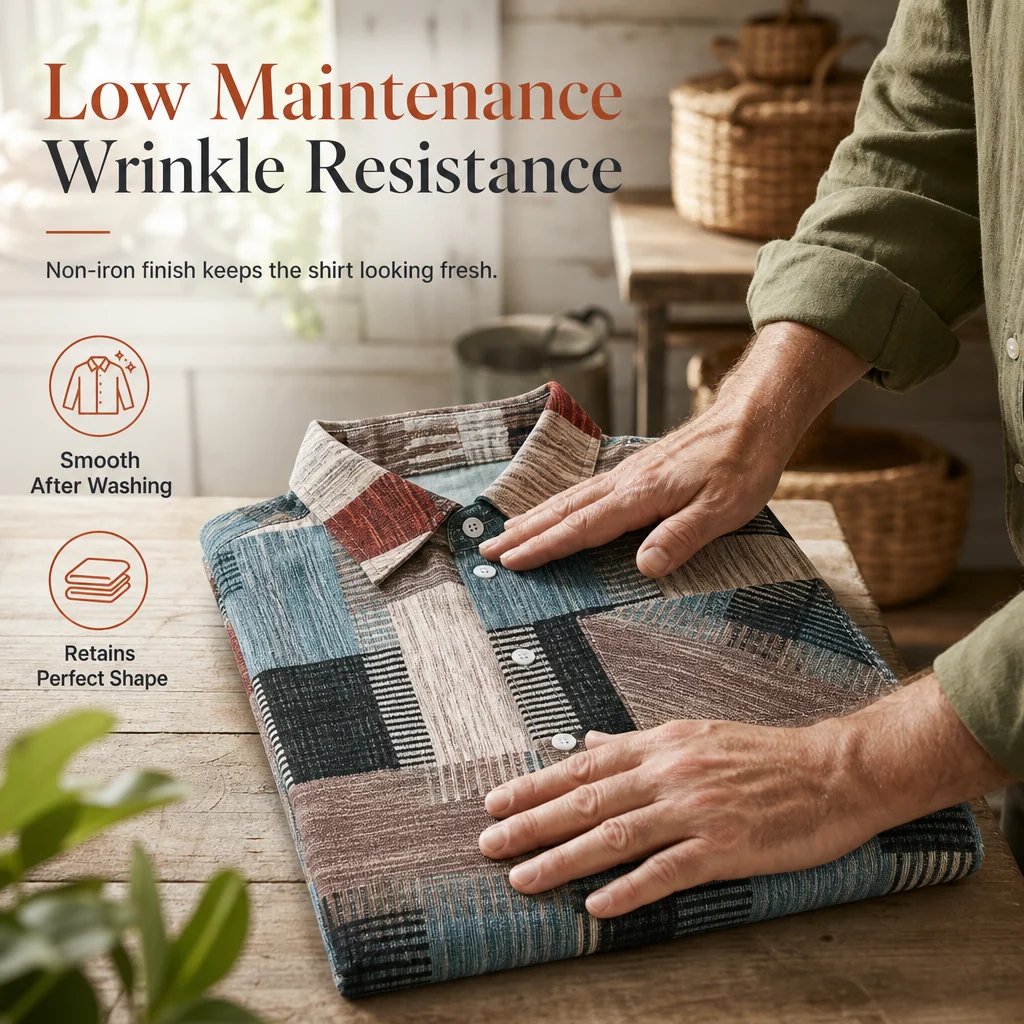 Folded khaki patchwork plaid shirt illustrating easy care