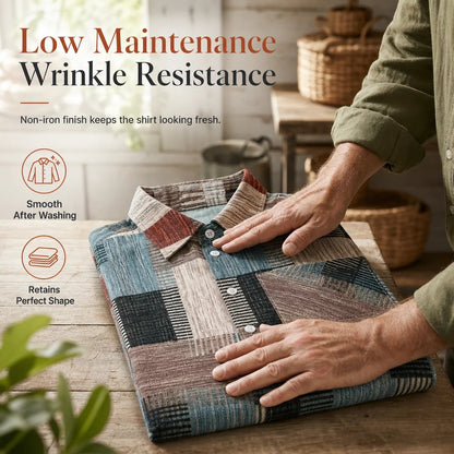 Folded khaki patchwork plaid shirt illustrating easy care