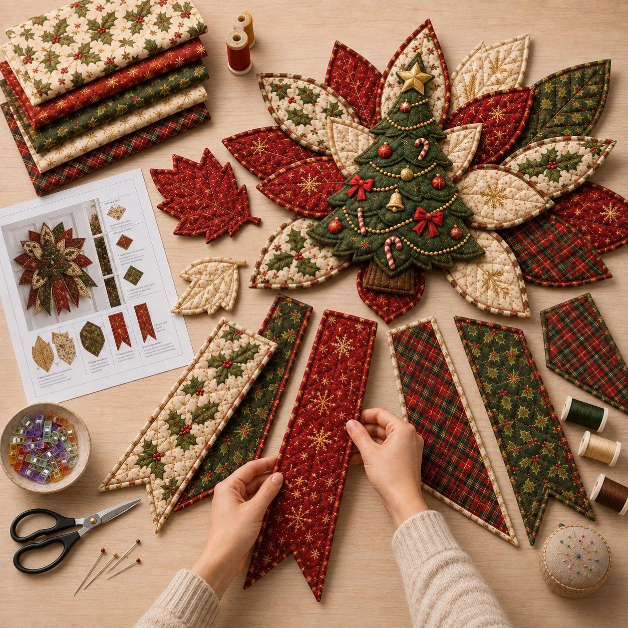 Hands cutting and arranging quilted fabric pieces for Christmas DIY sewing kit