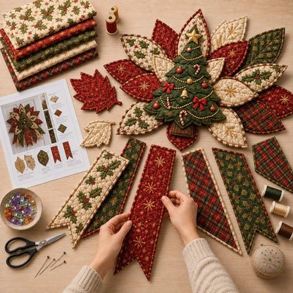Hands cutting and arranging quilted fabric pieces for Christmas DIY sewing kit