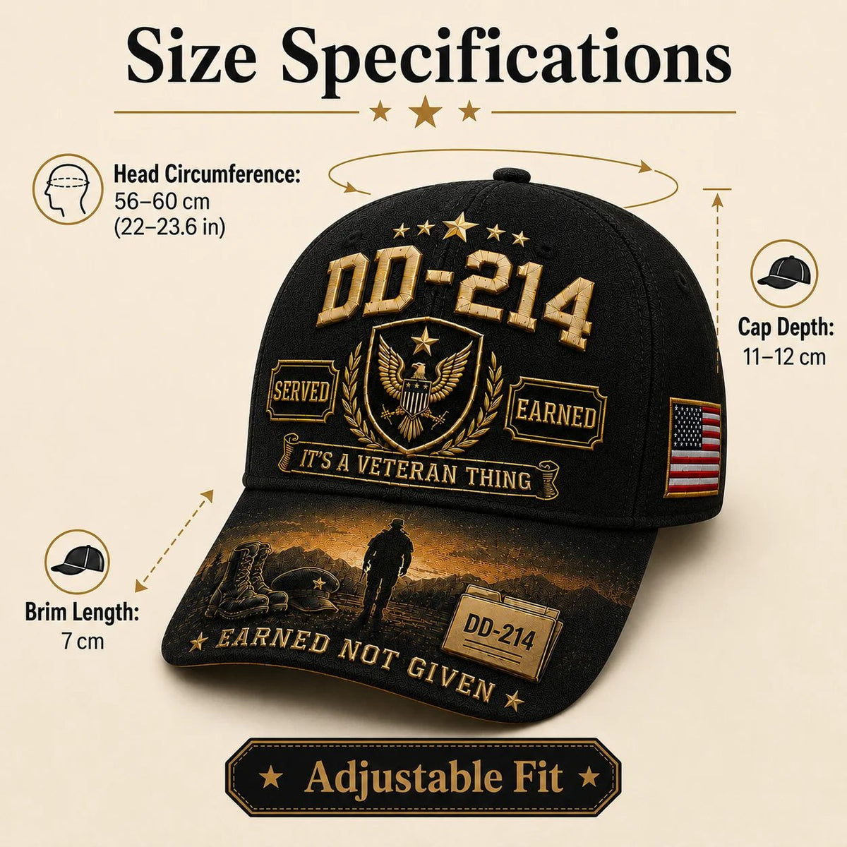 DD-214 veteran cap size specifications — head circumference 56–60cm adjustable fit