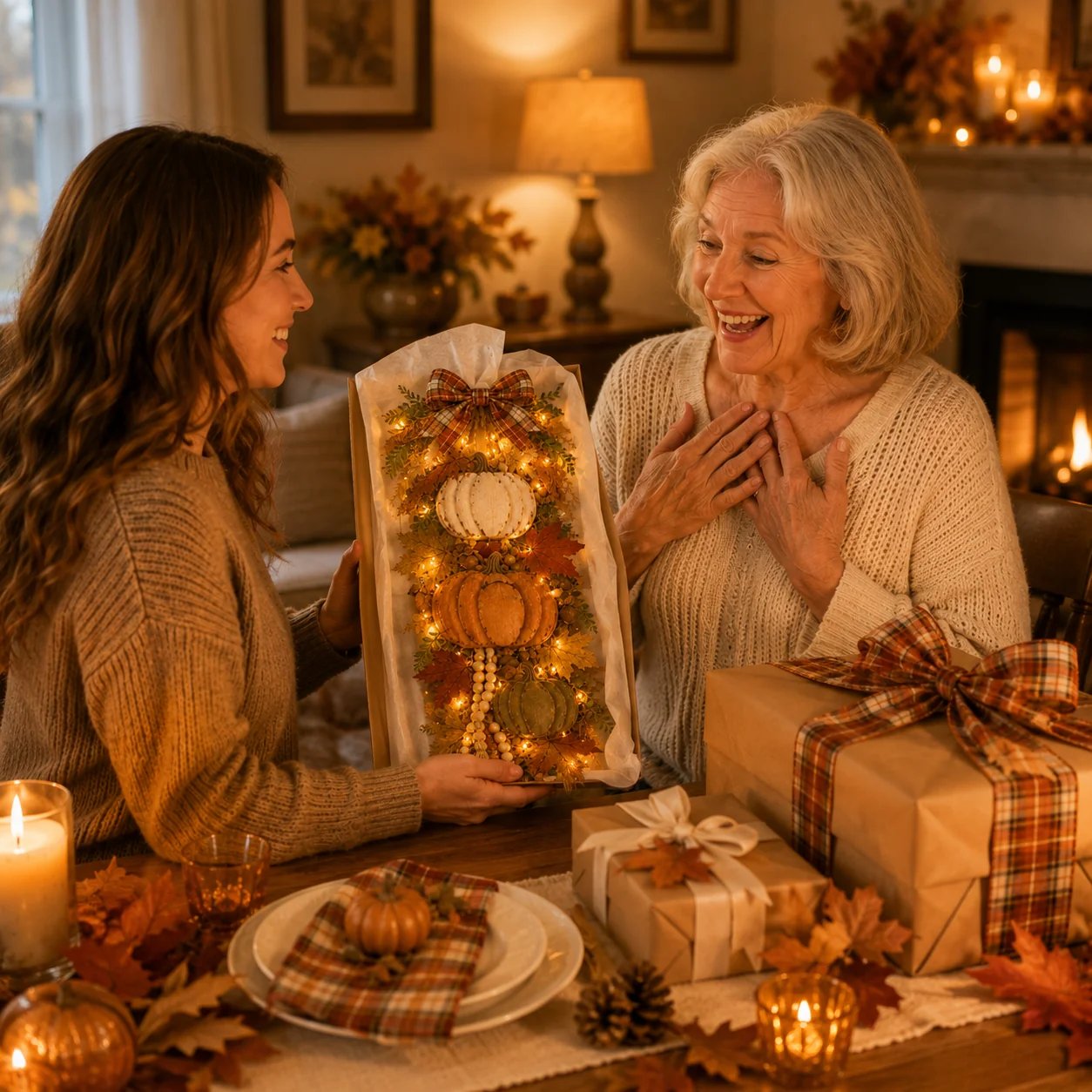 Woman gifting a rustic wooden pumpkin door hanger to her mother