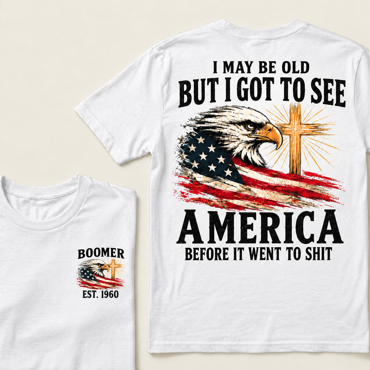 White Boomer graphic T-shirt with vintage eagle, USA flag and cross, front and back