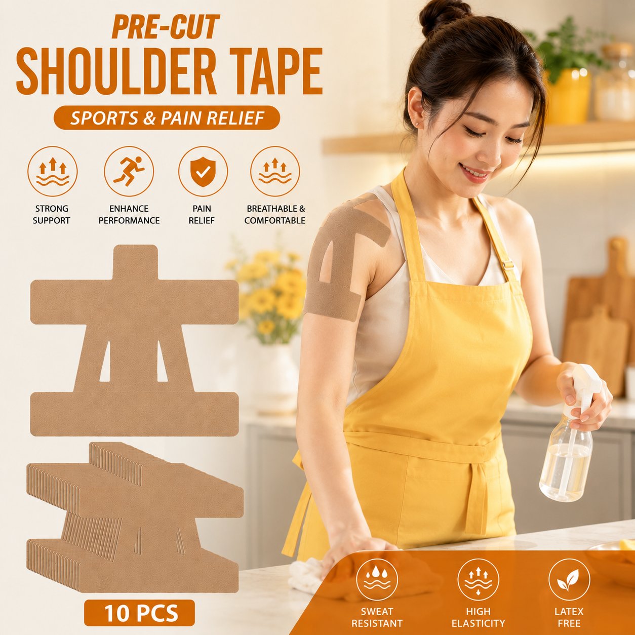 Beige pre-cut shoulder kinesiology tape for discreet daily wear