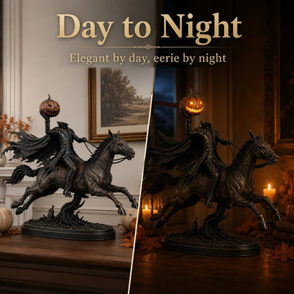 Day to night comparison of Headless Horseman Halloween statue