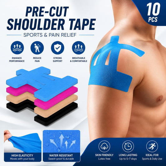 Blue pre-cut shoulder kinesiology tape applied on athlete shoulder, 10 pcs set